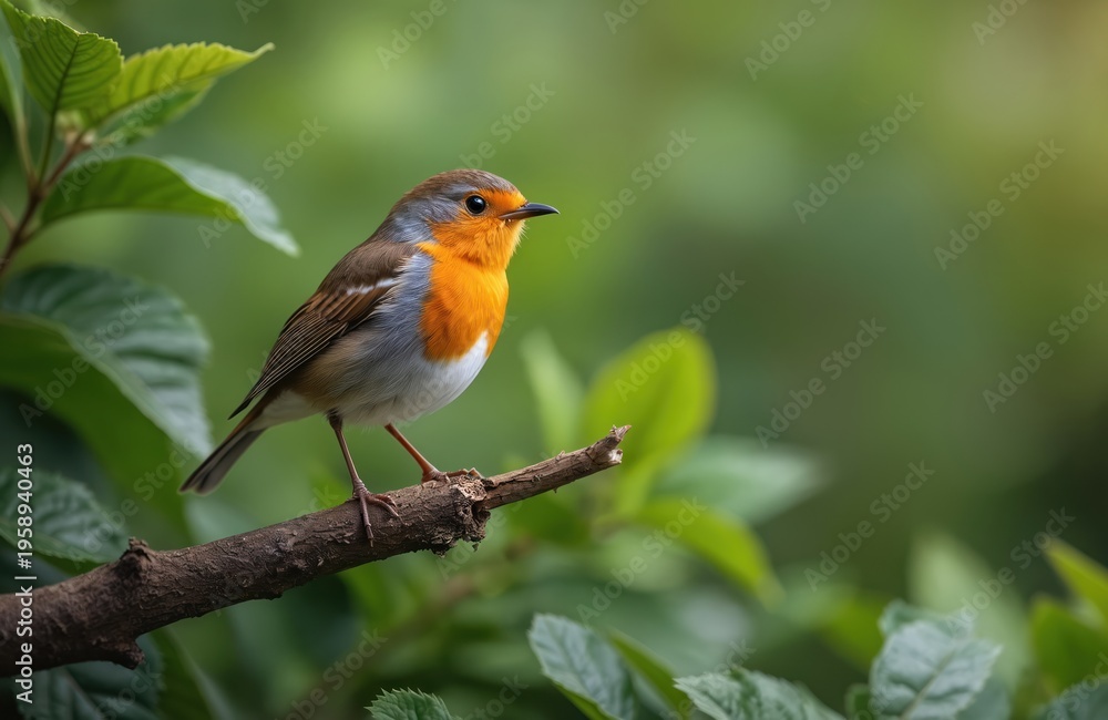 Fototapeta premium Small robin bird sits on dry tree branch. Orange breast chest feathers contrast green leaves background. Wildlife animal perch on twig in nature park.