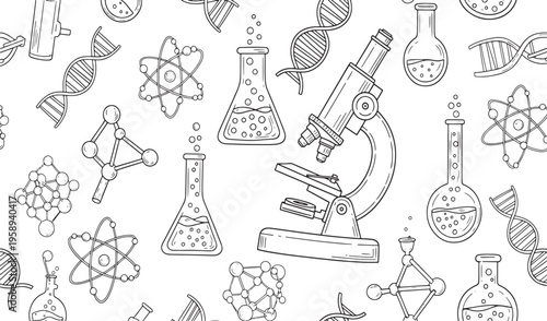 Black and white seamless pattern featuring microscopic laboratory equipment atoms molecules and chemical research tools in a hand drawn vector illustration doodle art