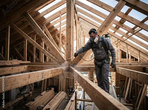 Exterminator spraying anti-termite solution on roof beams