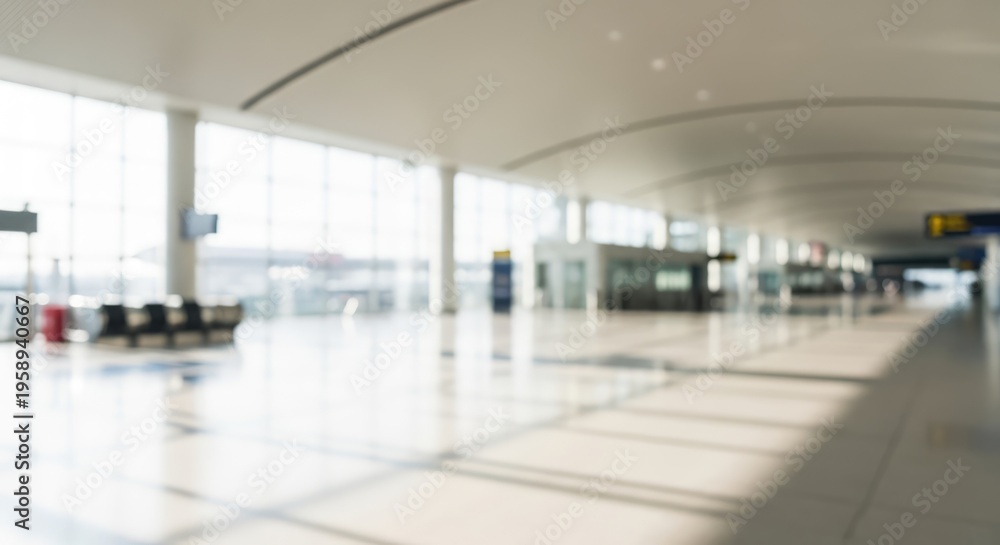 Fototapeta premium Blurred Modern Airport Terminal Interior with Bright Sunlight.