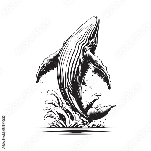 Black and white illustration featuring a stylized depiction of a whale breaching out of the water