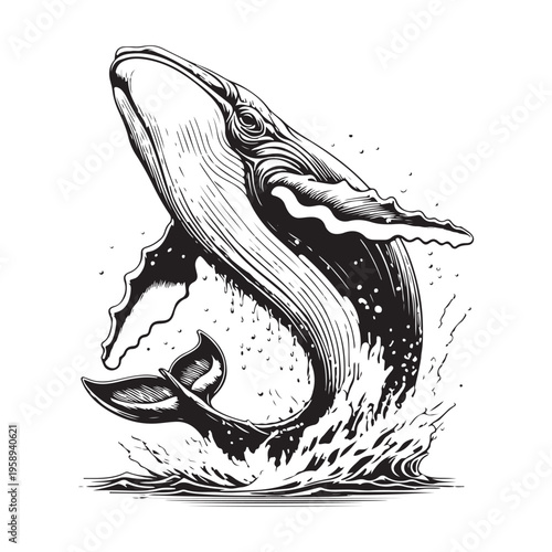 Black and white illustration featuring a stylized depiction of a whale breaching out of the water