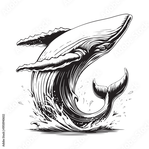 Black and white illustration featuring a stylized depiction of a whale breaching out of the water
