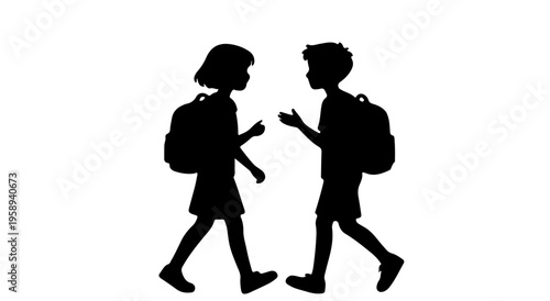 Silhouette of Two School Children Walking and Talking