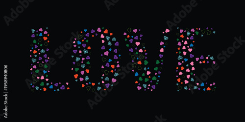 The word love spelled out with tiny colorful hearts on a solid black background for valentines day