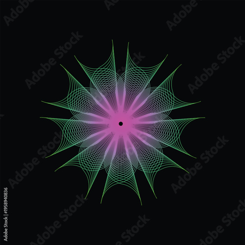 Vibrant pink and green radial geometric web pattern isolated on a solid black background.