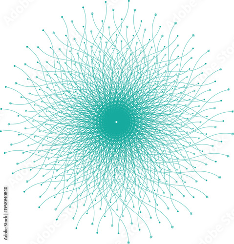 Abstract teal radial burst of lines and dots representing a complex network or data visualization