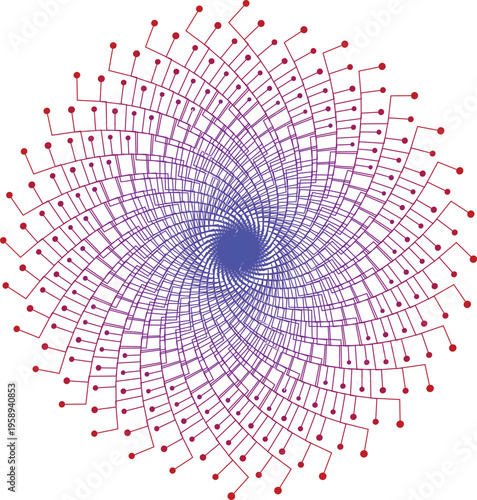 Abstract circular network of interconnected lines and dots with a blue to red gradient