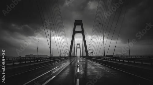 Infrastructure investment and economic development showcasing a modern cable-stayed bridge on a rainy day The black and white image emphasizes the bridge's architecture and its role in transportation.