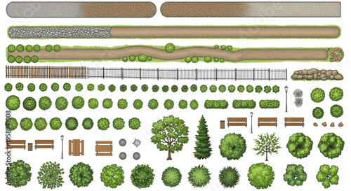 Park, Top, View, Landscape, Elements – Urban Park Plan Collection with Trees, Paths, Fences and Outdoor Furniture Map Design