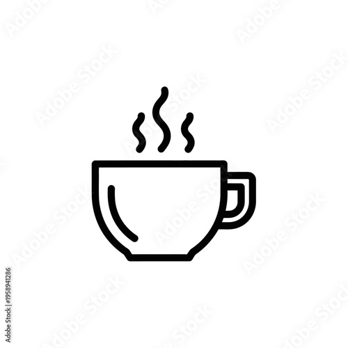 Simple Black and White Line Icon of Steaming Coffee Cup Illustration