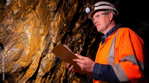 A miner in an orange safety jacket examines minerals in a dimly lit underground setting