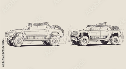 Detailed drawing of modern SUVs.