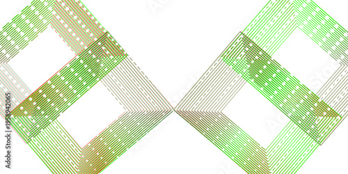Black background with green shiny geometric lines. Modern shiny yellow and green square line pattern. Elegant graphic design. Futuristic technology concept.