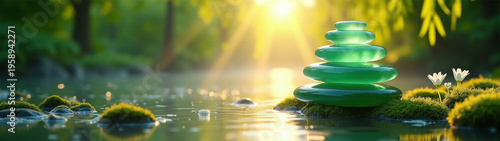 Ultra-wide panorama of emerald glass zen stones and sunlit forest river