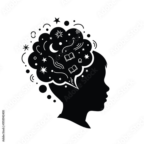 Childs Silhouette with Creative Thought Bubble.