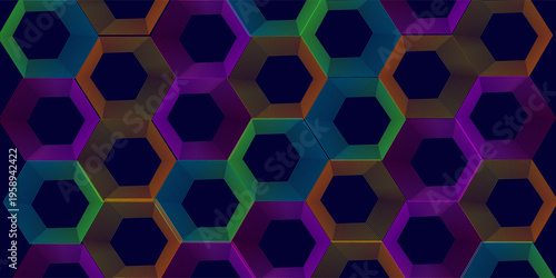 White background with colorful shiny geometric lines. Elegant graphic design. Futuristic technology concept. Green, blue, yellow, pink, and red hexagonal grid technology pattern. Vector illustration.