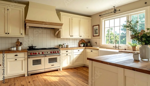 Bright and Airy Kitchen with Cream Cabinets and Wood Accents.