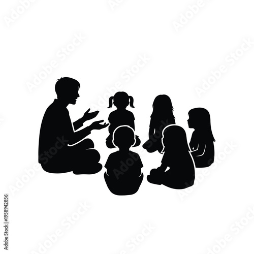 Teacher and children sitting in a circle learning and interacting.