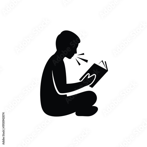 Silhouette of person reading book aloud.