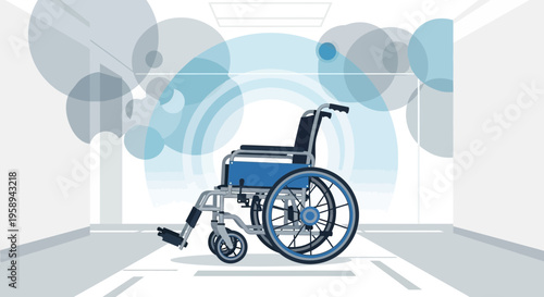 Blue Wheelchair in a Modern Hallway with Abstract Bubbles - Accessibility Concept