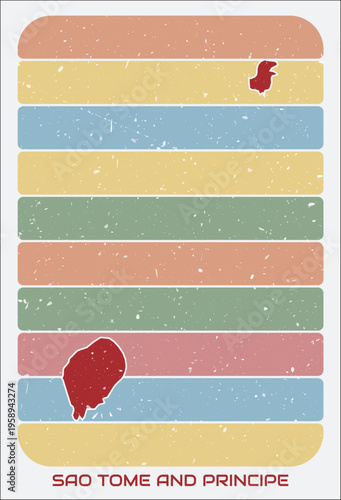 Sao Tome and Principe vintage logo. Shape of the country on retro colored stripes background. Sao Tome and Principe map design with grunge scratch texture. Vector illustration.