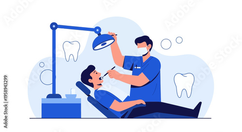 Dentist examining patient's teeth with dental tools and light in clinic, dental care concept