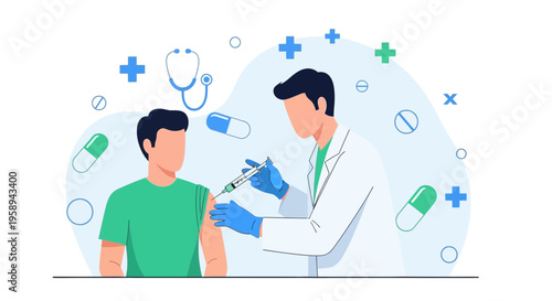 Doctor administering vaccine injection to patient, medical symbols and pills background