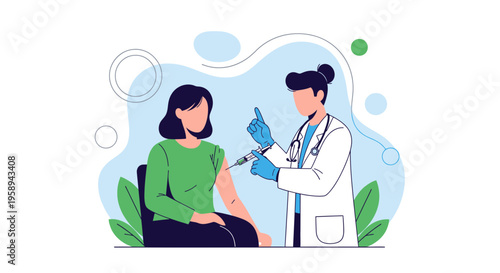 Doctor administering vaccine injection to patient's arm, healthcare concept illustration
