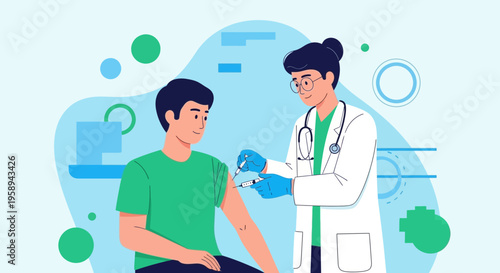 Doctor administering vaccine injection to young man's arm, healthcare concept