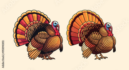 Two Turkeys Side By Side Facing.