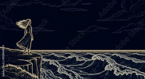 Woman standing on cliff edge ocean.