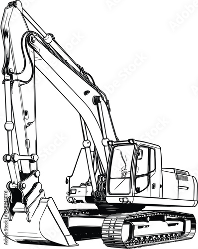 Detailed black and white excavator line drawing illustration showcasing heavy construction machinery, hydraulic arm, bucket, tracked base, and engineering design elements for industrial projects