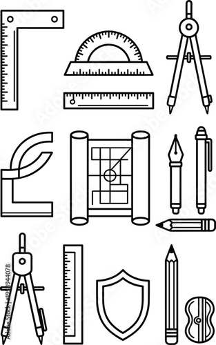 Drafting and Architecture Vector Icon Set Featuring Compasses Protractors Rulers Blueprint Pens and Pencils for Engineering Design Construction Plans Technical Drawing and Creative Professional 