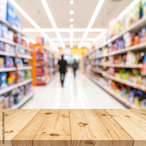 Blurred supermarket interior, with wooden table in foreground
