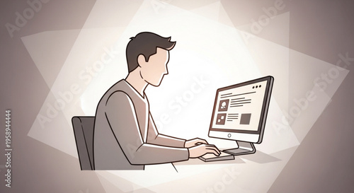 Man working on computer focused on screen with graphics sitting at desk in modern office setting with gray background