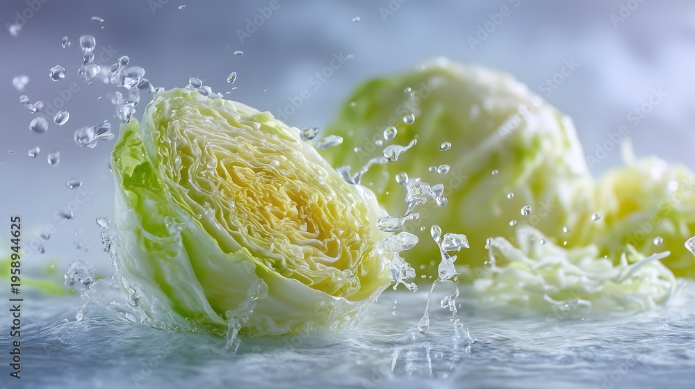 Obraz premium Fresh, organic cabbage, sliced ​​and soaked in water, with droplets of water visible, gives it a fresh feel. It's perfect as an ingredient in a healthy vegetarian salad.
