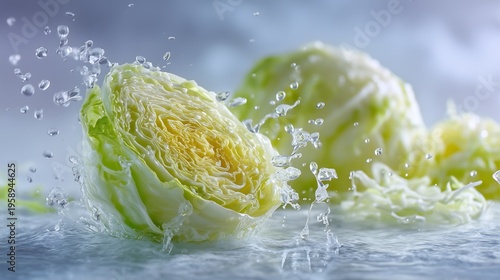 Fresh, organic cabbage, sliced ​​and soaked in water, with droplets of water visible, gives it a fresh feel. It's perfect as an ingredient in a healthy vegetarian salad.