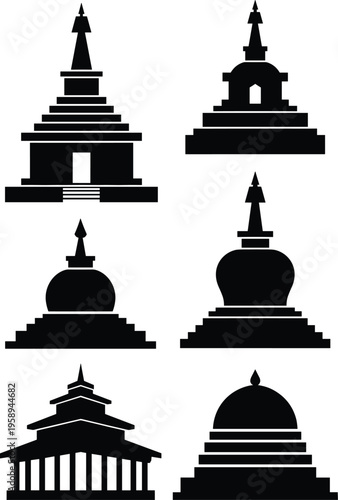 Minimalist black silhouette temple and stupa icons set featuring traditional Asian architecture, Buddhist structures, pagodas, shrines, and cultural heritage elements for design projects