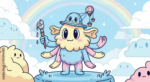 Cartoon creature with hat and wand.