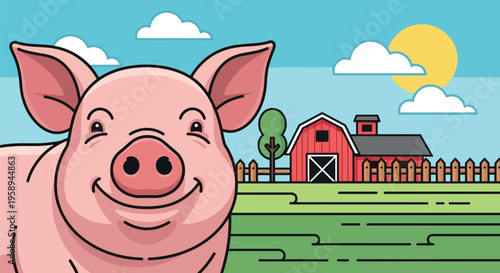 Smiling Pink Pig Farm Animal Portrait.