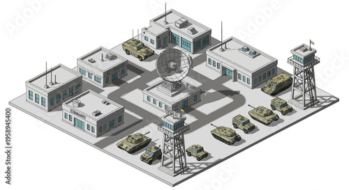 Isometric 3D illustration of a military base with various buildings, tanks, and a control tower on a gray background, showcasing a strategic military operation setup