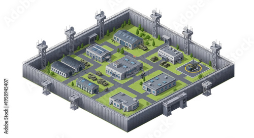 Isometric illustration of a military base with buildings, towers, and a central courtyard, showcasing a strategic layout and design