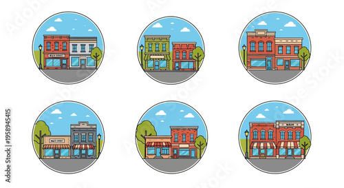 Vector illustration of a quiet neighborhood street scene with vintage small town buildings and a cozy downtown USA suburban main street.