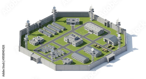 Isometric 3D illustration of a military base with buildings, towers, and vehicles on a green field surrounded by a high wall