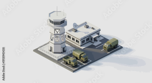 Isometric 3D illustration of a military base with a control tower, buildings, and vehicles on a flat gray background