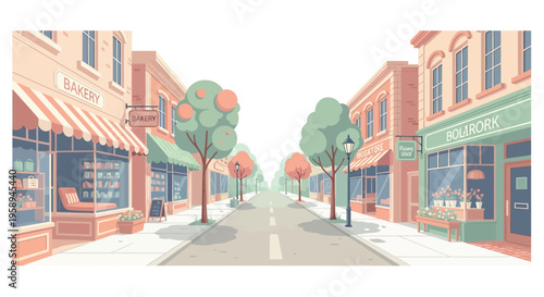 Illustration of a quiet neighborhood street scene with vintage small town buildings and a cozy downtown USA vector design, featuring a suburban main street with trees and storefronts.