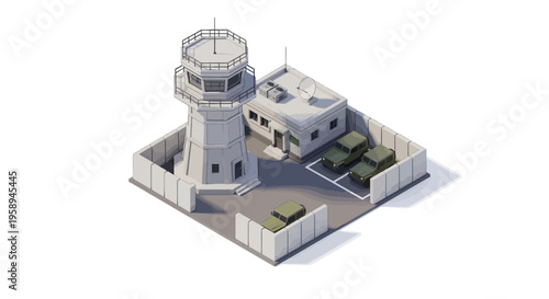 Isometric 3D illustration of a military base with a tower, buildings, and tanks within a fenced perimeter on a white background