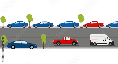 Vector illustration of a quiet neighborhood street scene with vintage small town buildings and a suburban main street in a cozy downtown USA setting.