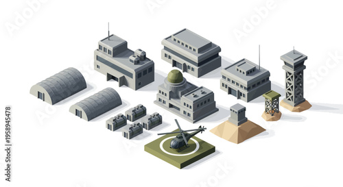 Isometric illustration of a military base with various buildings, vehicles, and a helicopter on a white background, showcasing a strategic setup